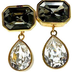 80s Clip-On Gold-Tone Drop Earrings Smoky & Clear Rhinestones 1.5 Inch Vtg
